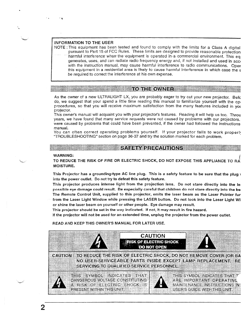 Information to the user, To the ov/ner, Safety precautrons | Caution, Lîèinotbpen | Ask Proxima Ultralight LX User Manual | Page 2 / 40