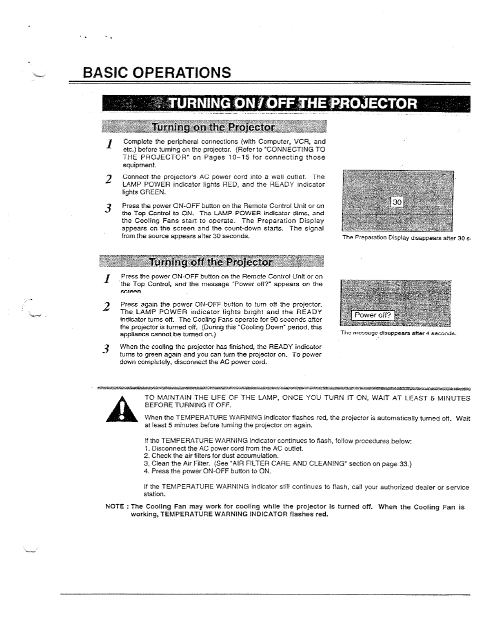 I-urnincdnujfffhem^ojegtor, Turning on the projector, Turning off the projector | Terminals of the projector, Basic operations | Ask Proxima Ultralight LX User Manual | Page 21 / 40