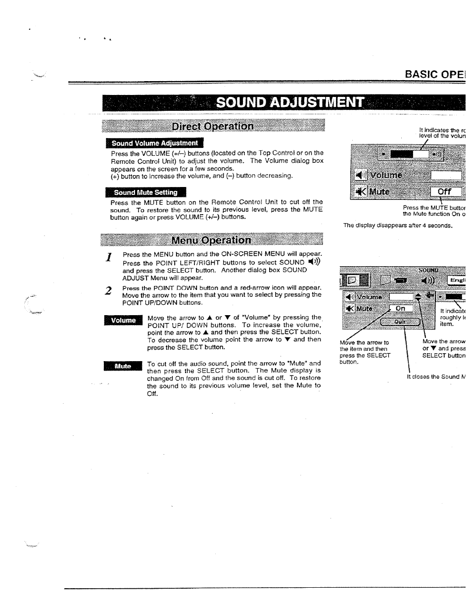 Ihmze, Direct operation, Sound volume adjustment | Sound mute setting, Menu operation, Volume, Y' c, Basic opei | Ask Proxima Ultralight LX User Manual | Page 23 / 40