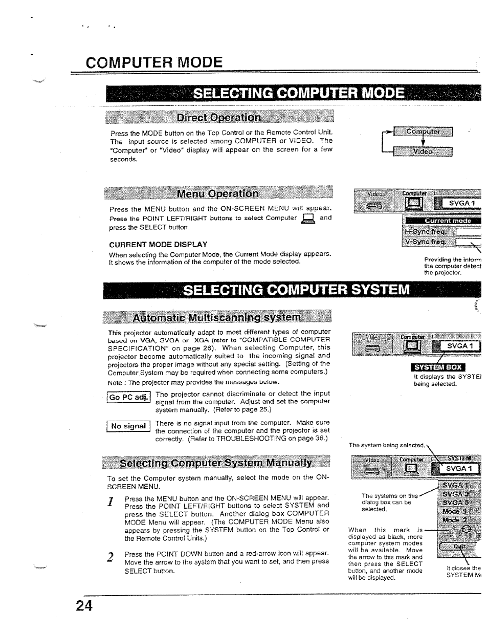 Computer mode, Selecting computer mode, Direct operation | Menu operation, Current mode display, Miomatic multlscannlng system.y, Sgtecting computer system manually, Computer mode selecting computer mode | Ask Proxima Ultralight LX User Manual | Page 24 / 40