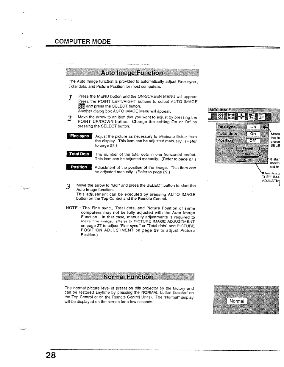 Auto image function, Jttlbilgil-l-b&iphkf, Normal function | Computer mode | Ask Proxima Ultralight LX User Manual | Page 28 / 40