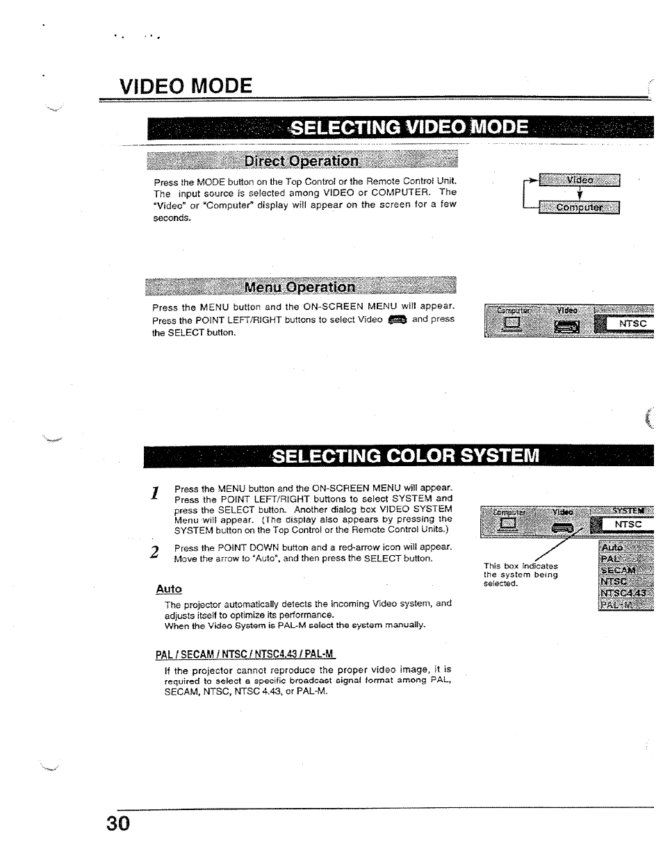 Video mode, Direct operation, Menu operation | Video mode ^electing, Selectíng color system | Ask Proxima Ultralight LX User Manual | Page 30 / 40