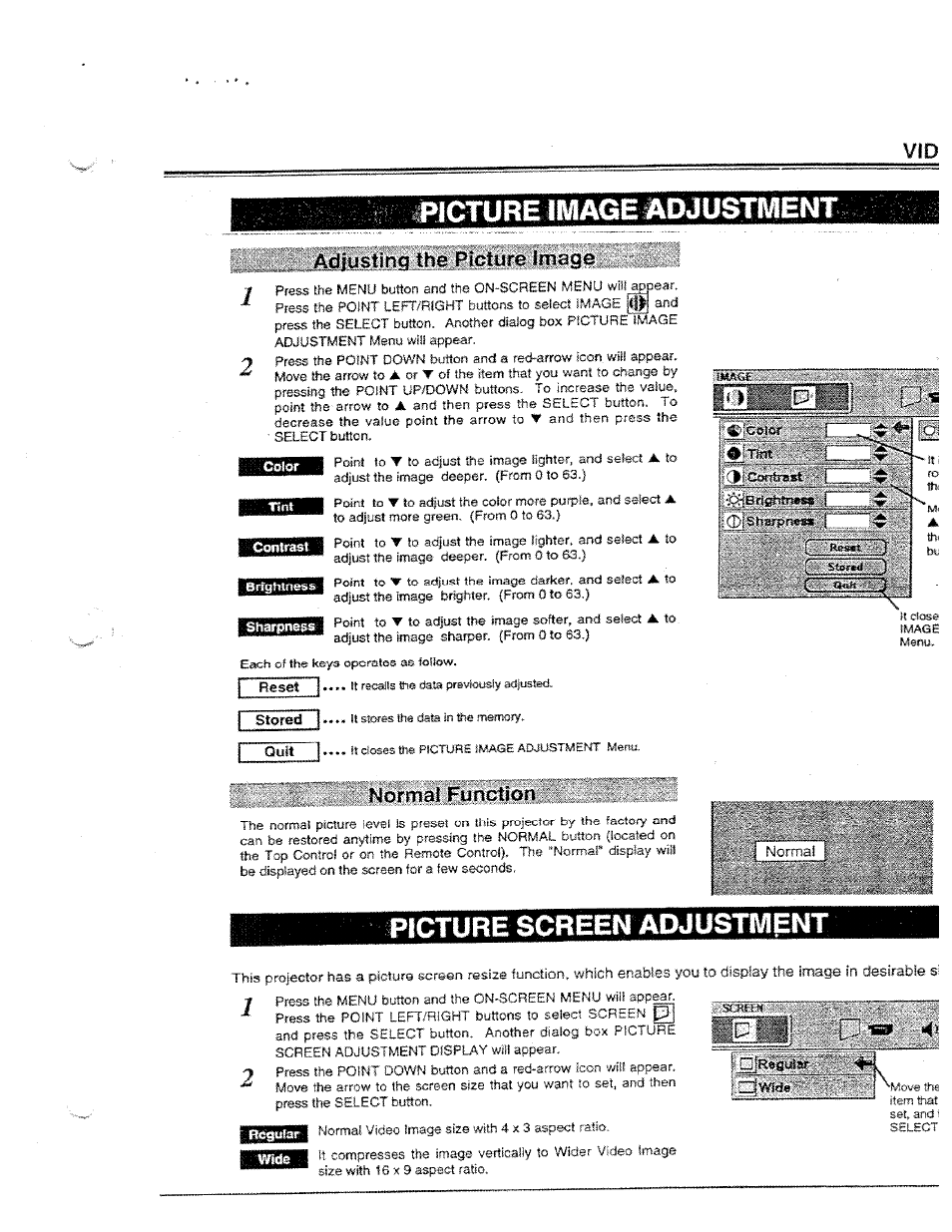 J>1cture image ivdjustment, Adjusting the picture image, Normal function | Picture screen adjustment | Ask Proxima Ultralight LX User Manual | Page 31 / 40