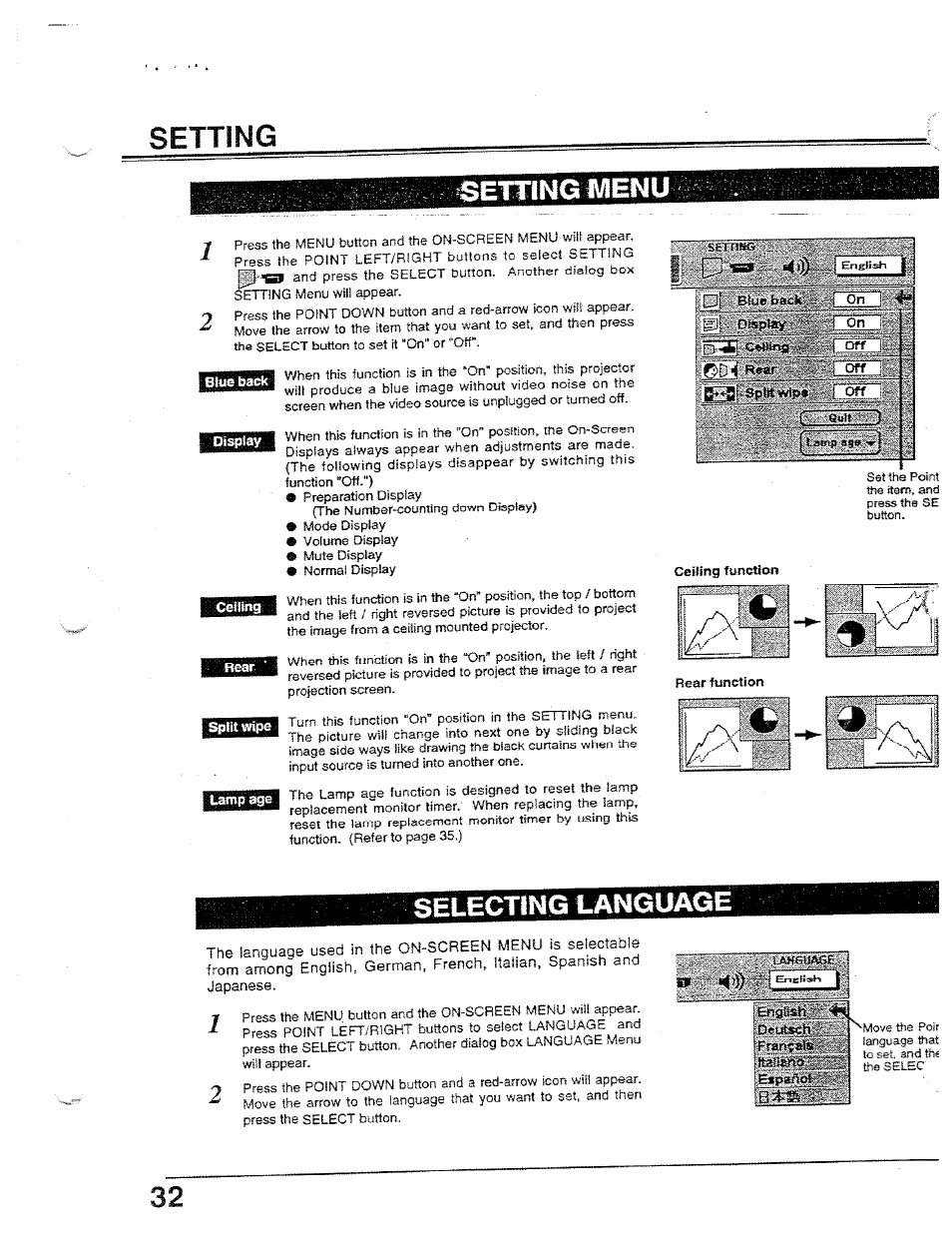 Setting, Setting menu, Blue back | Ceiling, Sfillttwipe, T^mp age, Ceiling function, Setting setting menu, I; ü | Ask Proxima Ultralight LX User Manual | Page 32 / 40