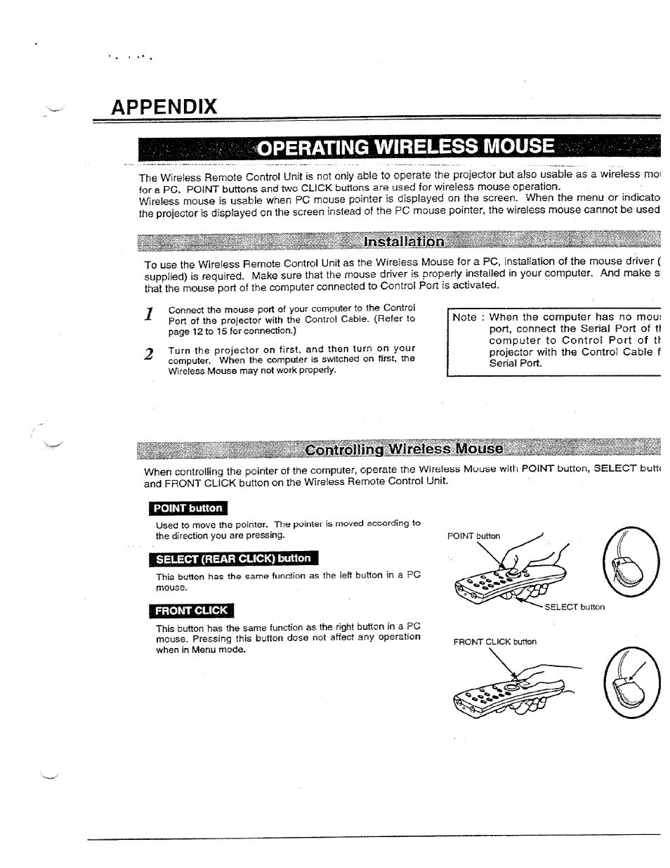 Appendix, Ss mouse, Installation | Controlling wireless mouse, Point button, Seœct (rear cuck) button, Front cuck | Ask Proxima Ultralight LX User Manual | Page 33 / 40