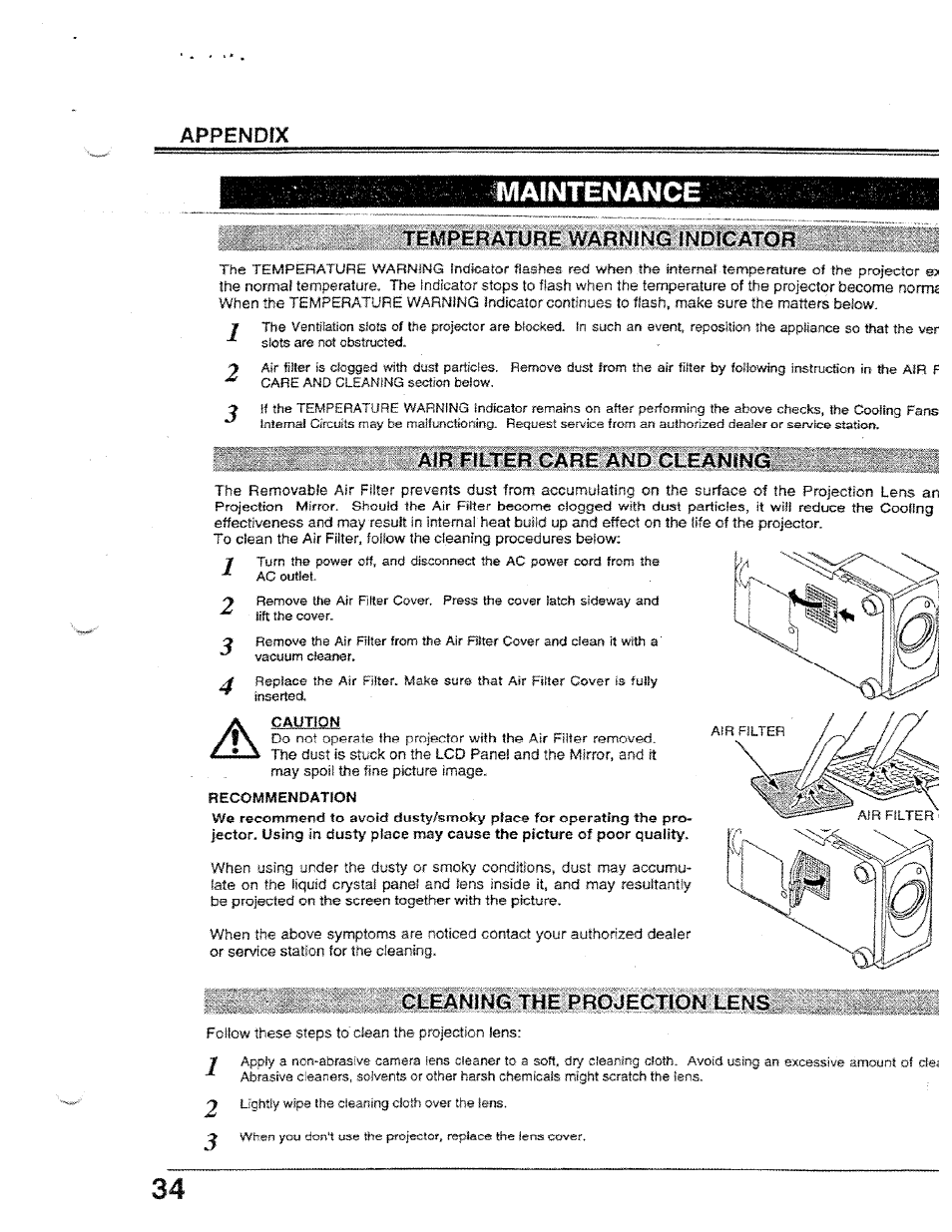 Appendix, Maintenance, Temperature warning indicator | Air filter care and cleaning, Recommendation, Cleaning the projection lens | Ask Proxima Ultralight LX User Manual | Page 34 / 40