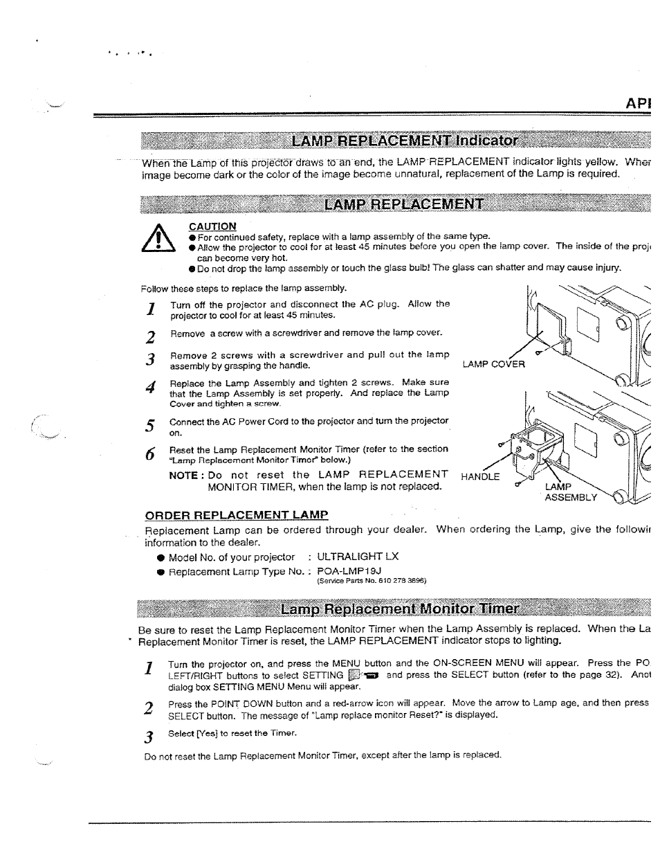 Lamp replacememt indicator, Lamp, Order replacement lamp | Lamp replacement monitor timer | Ask Proxima Ultralight LX User Manual | Page 35 / 40