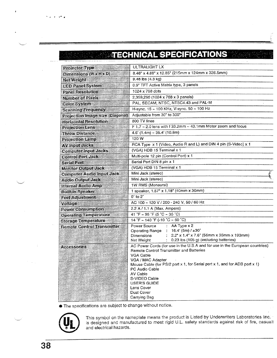 Hnicalbpecificanons | Ask Proxima Ultralight LX User Manual | Page 38 / 40