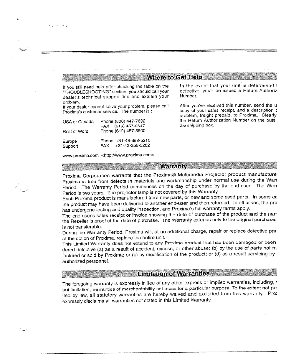 Where to get help, Warranty, Limitation of warranties | Ask Proxima Ultralight LX User Manual | Page 39 / 40