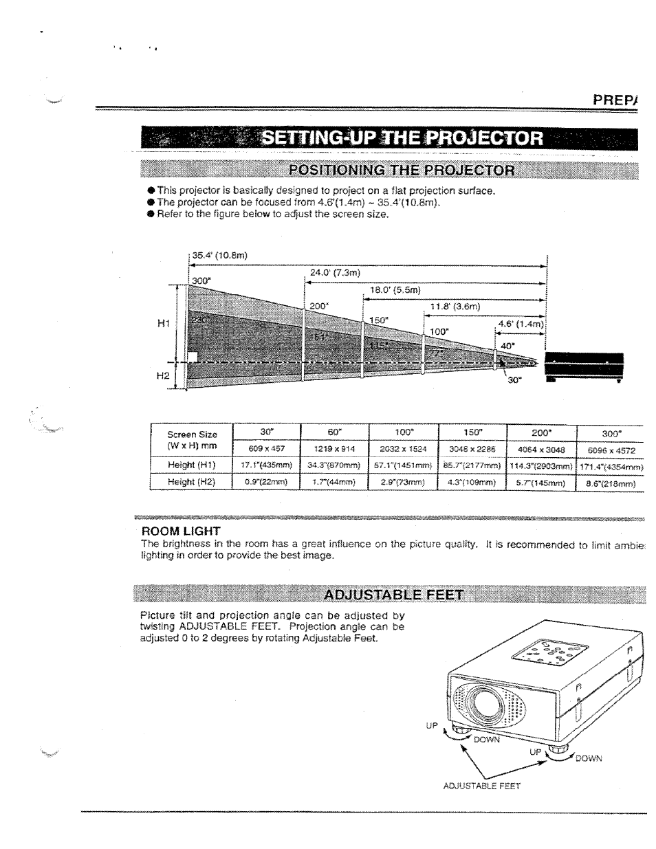 Posmoning the projector, Prep, Adjustable feet | Posmonjng the, Phojector, Adjustable, Feet, Room light | Ask Proxima Ultralight LX User Manual | Page 7 / 40