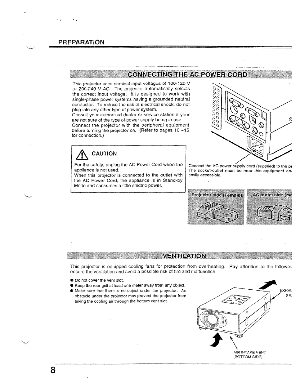 Preparation, Connecting the ac power cord, Ventilation | Connecting, Power, Cord, Caution | Ask Proxima Ultralight LX User Manual | Page 8 / 40