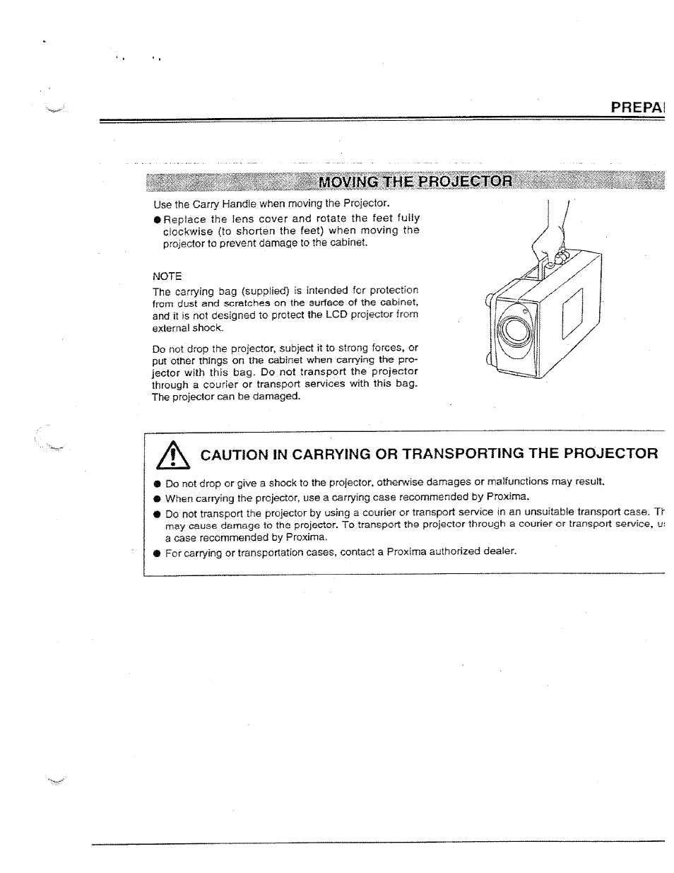 Prepai, Moving the projector, Caution in carrying or transporting the projector | Prepai moving the projector | Ask Proxima Ultralight LX User Manual | Page 9 / 40