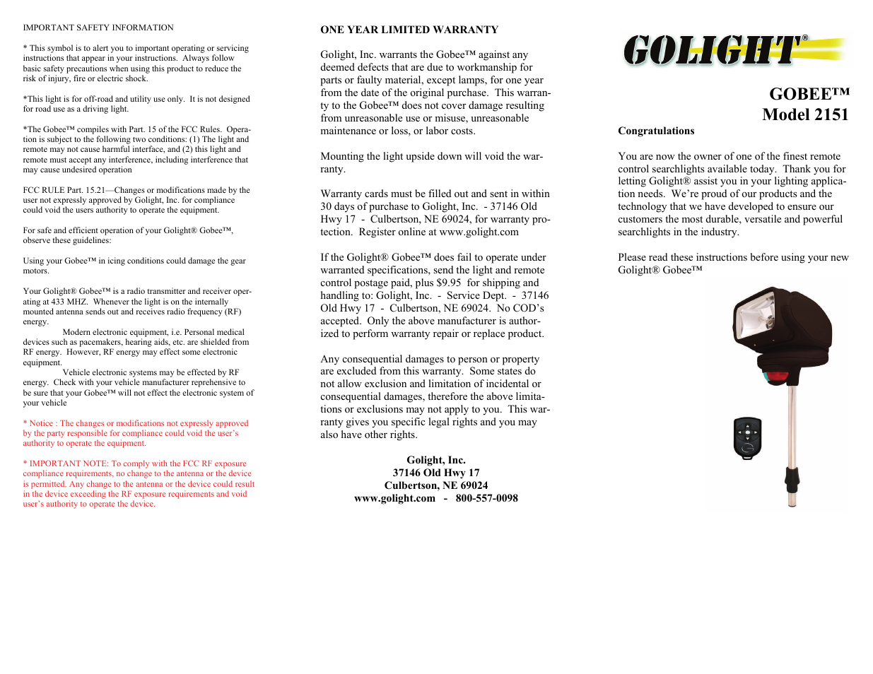 Gobee™ model 2151 | Golight GOBEE™ MODELS Stanchion Mount Light User Manual | Page 2 / 2