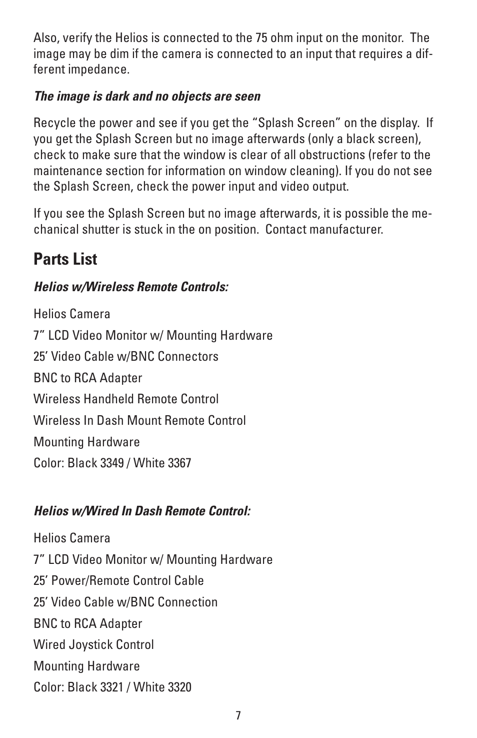 Parts list | Golight HELIOS Thermal Imaging Camera User Manual | Page 10 / 20