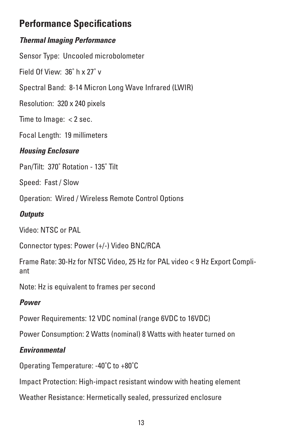 Performance specifications | Golight HELIOS Thermal Imaging Camera User Manual | Page 16 / 20