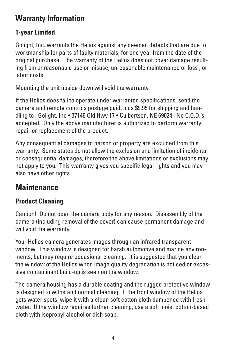 Warranty information, Maintenance | Golight HELIOS Thermal Imaging Camera User Manual | Page 7 / 20