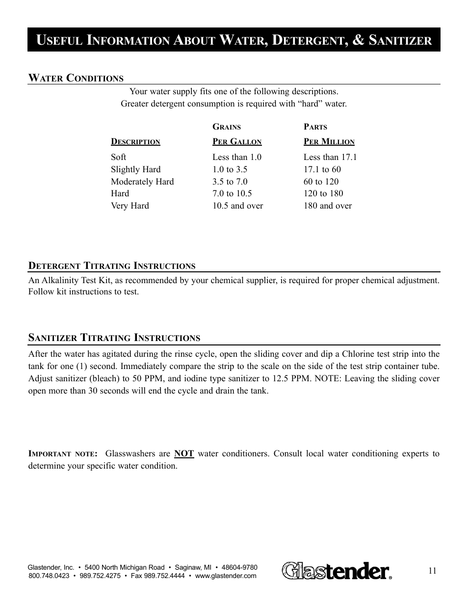 Seful, Nformation, Bout | Ater, Etergent, Anitizer | Glastender GW24 User Manual | Page 13 / 16