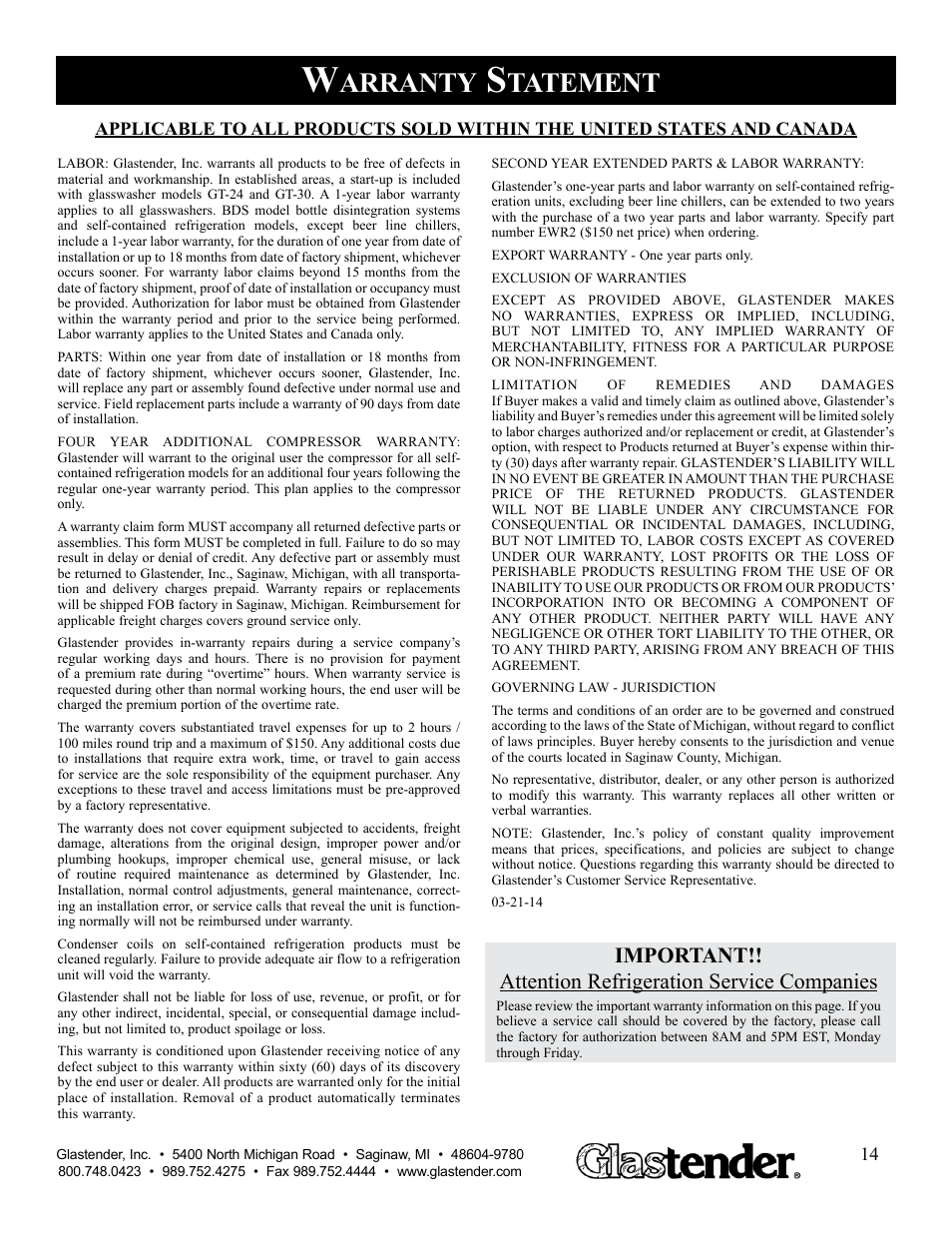 Arranty, Tatement | Glastender GW24 User Manual | Page 16 / 16