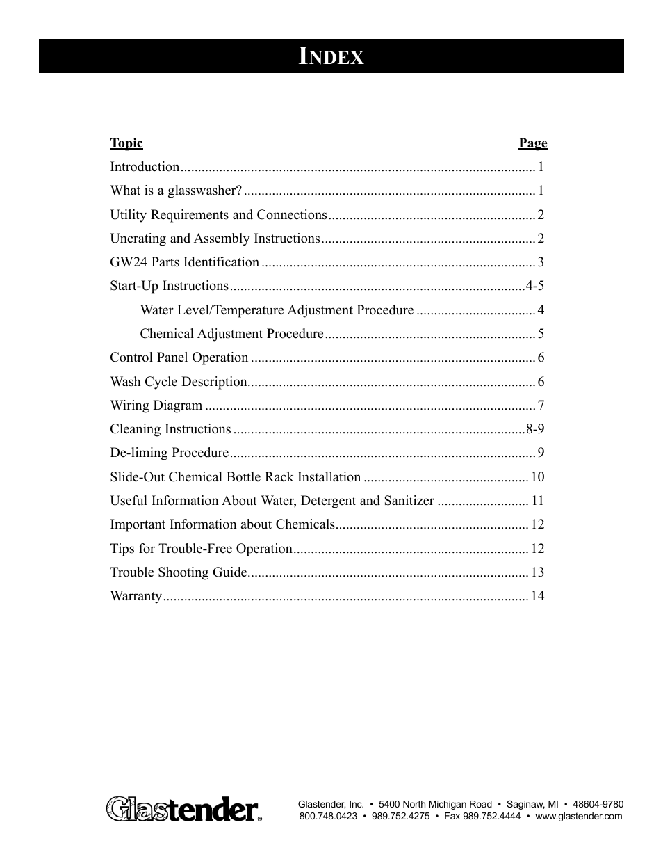 Ndex | Glastender GW24 User Manual | Page 2 / 16