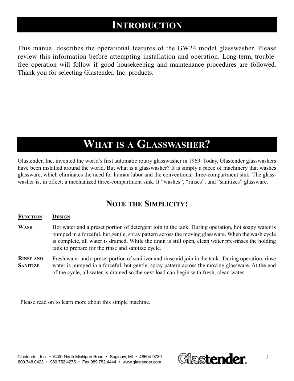 Ntroduction, Lasswasher | Glastender GW24 User Manual | Page 3 / 16