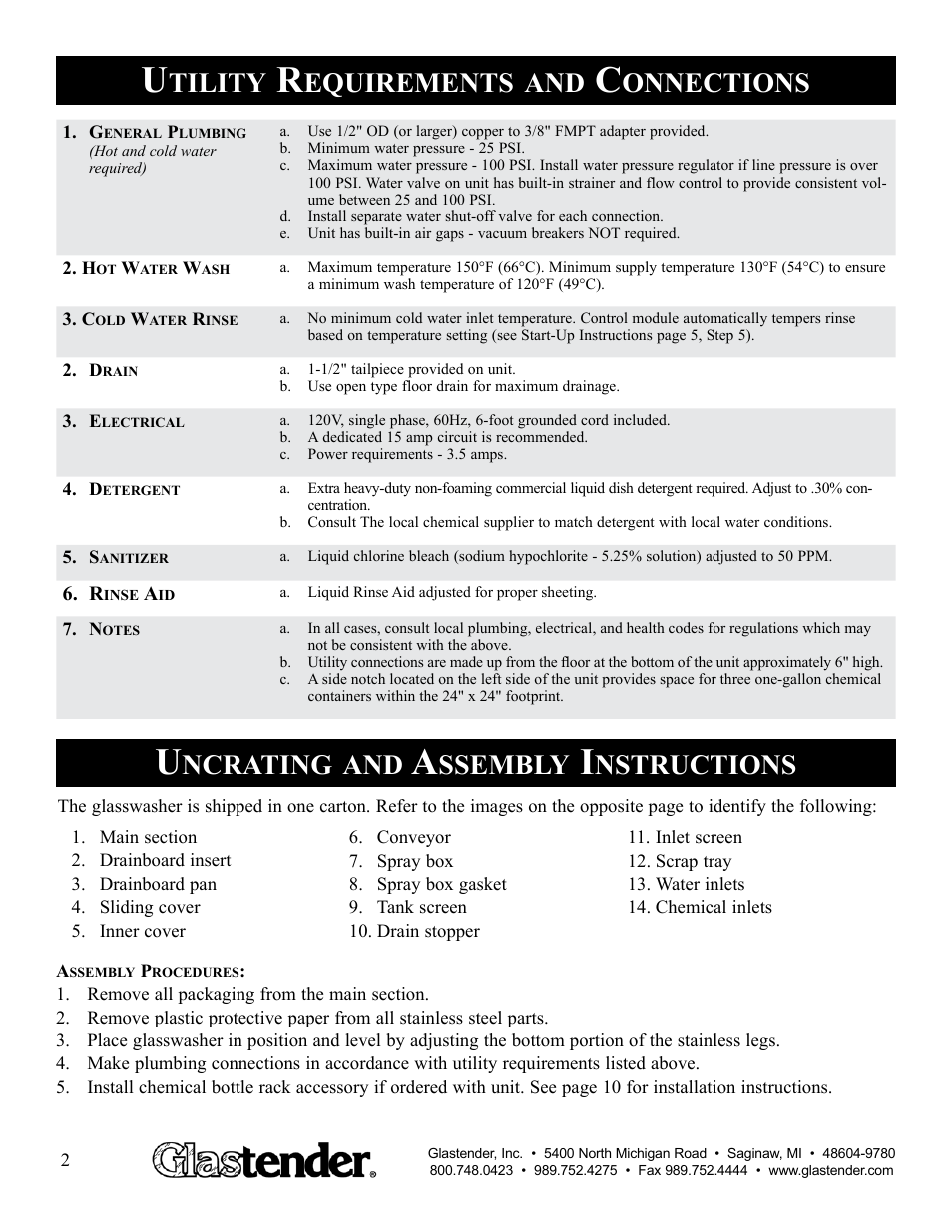 Tility, Equirements, Onnections | Ncrating, Ssembly, Nstructions | Glastender GW24 User Manual | Page 4 / 16