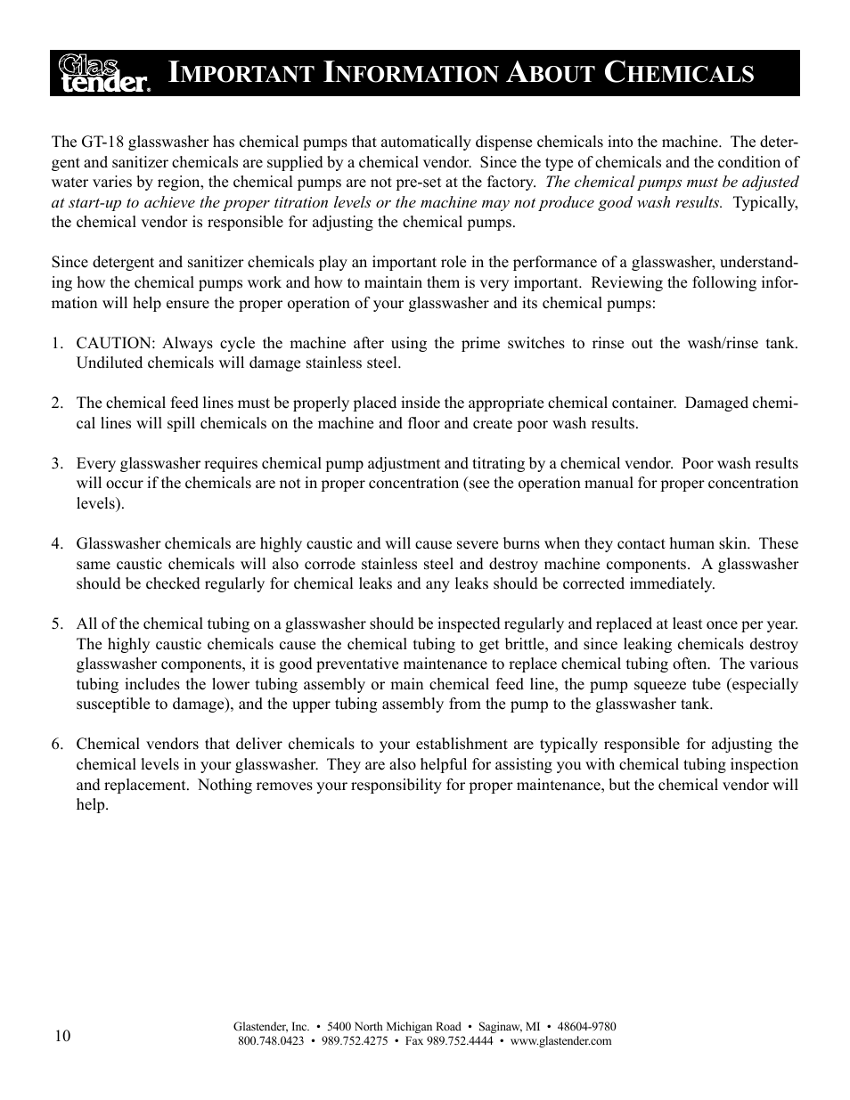 Mportant, Nformation, Bout | Hemicals | Glastender GT-18 User Manual | Page 12 / 16