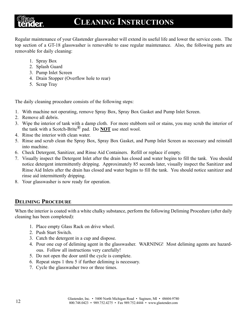 Leaning, Nstructions | Glastender GT-18 User Manual | Page 14 / 16