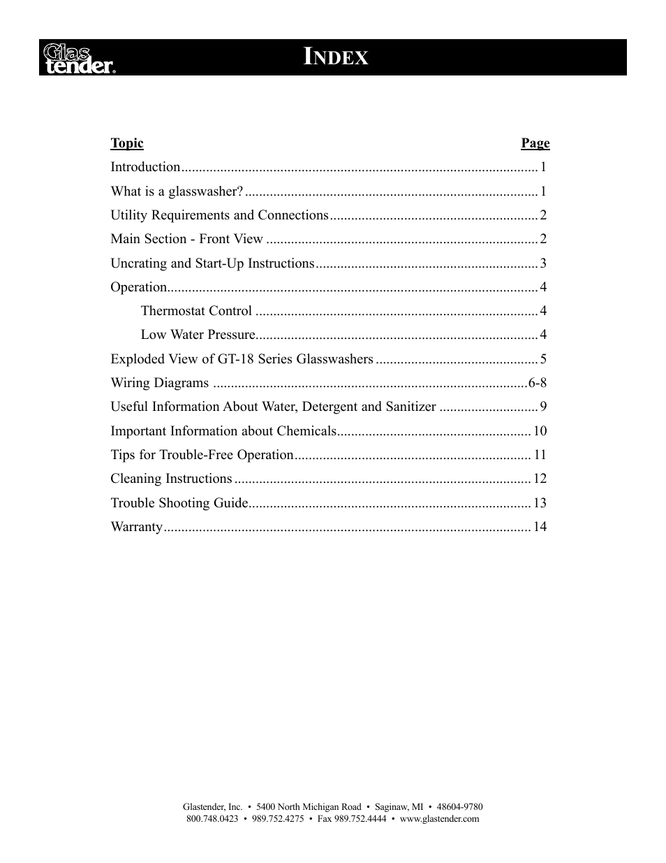 Ndex | Glastender GT-18 User Manual | Page 2 / 16