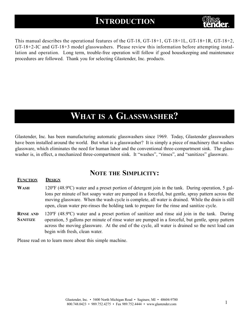 Ntroduction, Lasswasher | Glastender GT-18 User Manual | Page 3 / 16