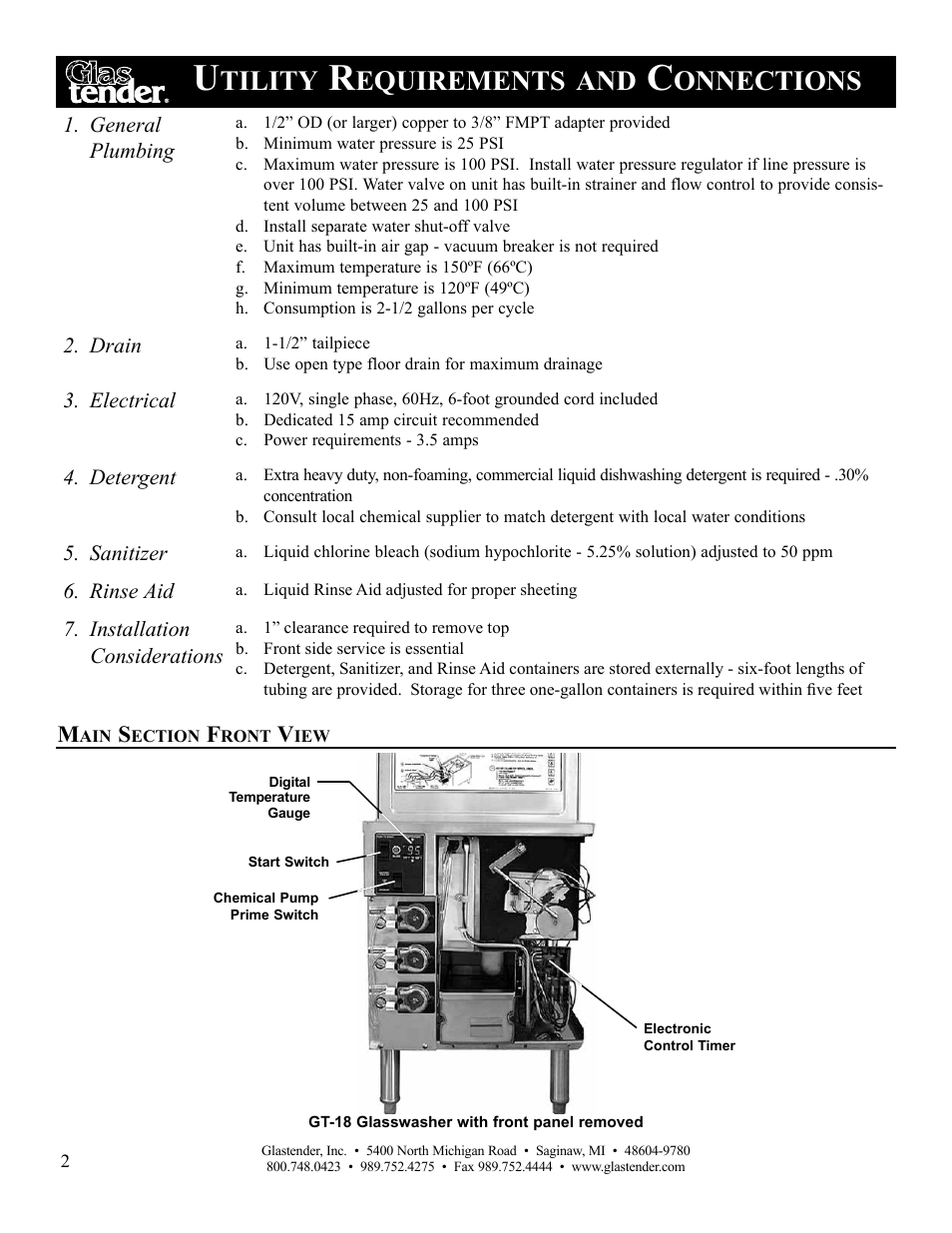 Tility, Equirements, Onnections | Glastender GT-18 User Manual | Page 4 / 16