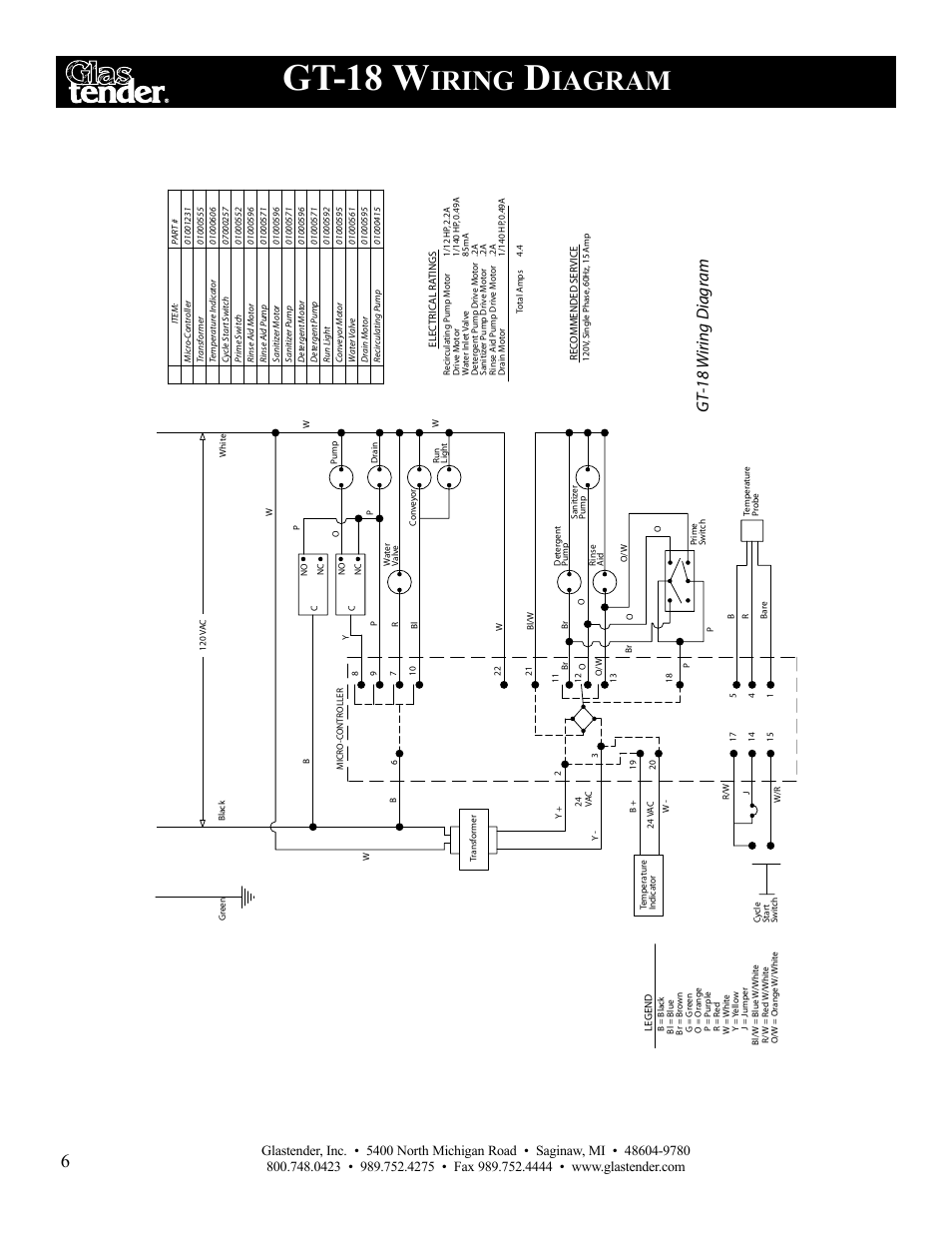 Gt-18 w, Iring, Iagram | Gt-18 wiring diag ra m | Glastender GT-18 User Manual | Page 8 / 16