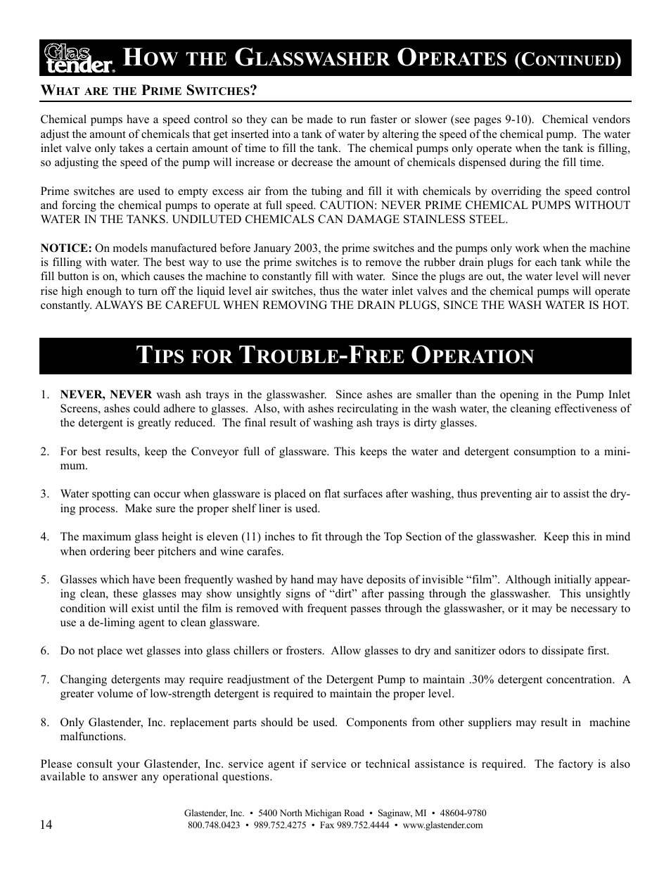 Lasswasher, Perates, Rouble | Peration | Glastender GT-30 User Manual | Page 16 / 24