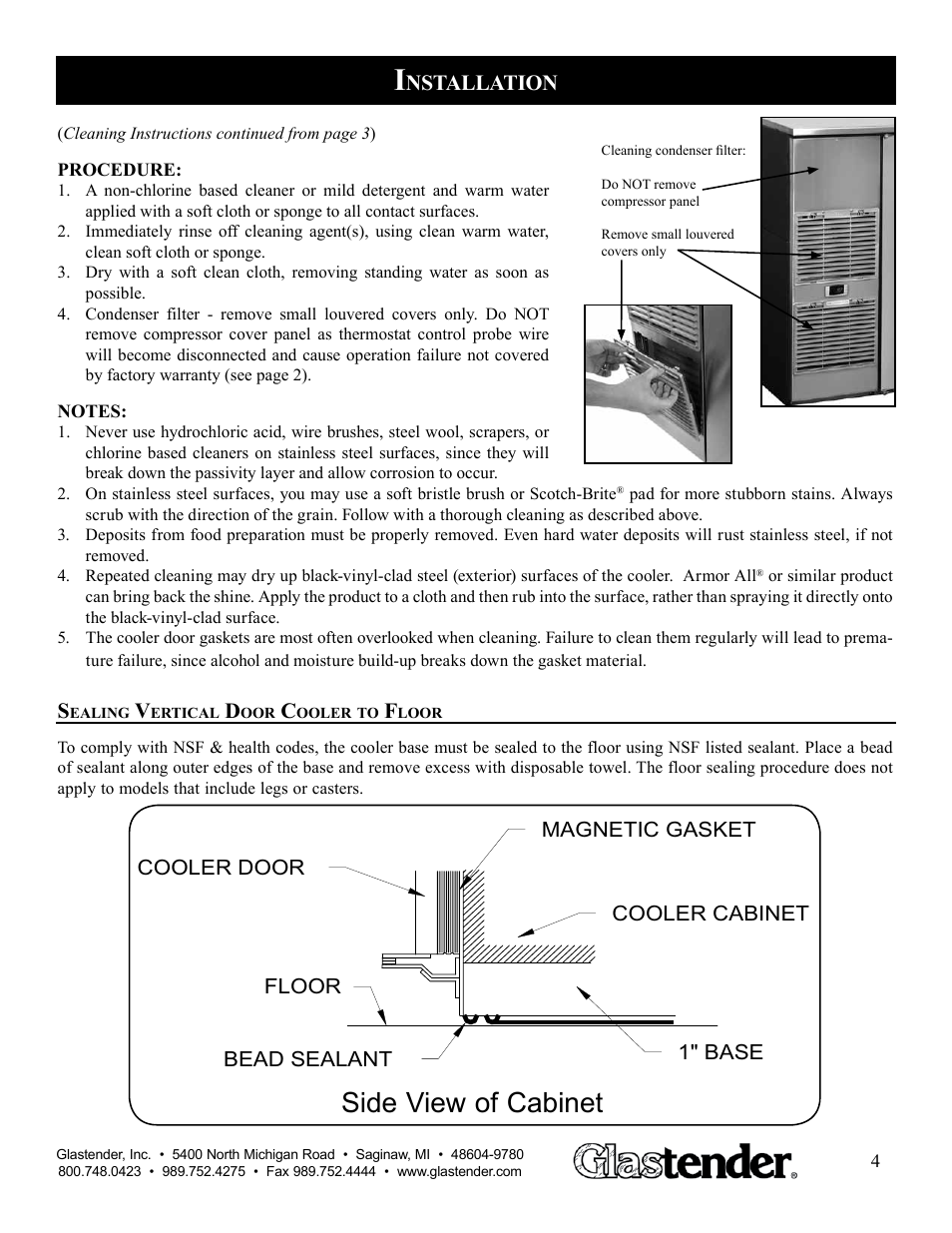 Side view of cabinet, Nstallation | Glastender WR User Manual | Page 5 / 13