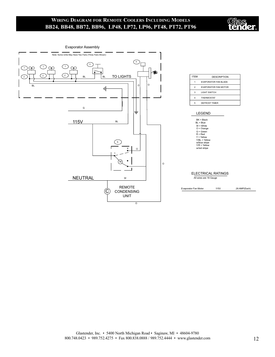 12 w, Neutral, 115v | Iring, Iagram, Emote, Oolers, Ncluding, Odels | Glastender Vertical Door Coolers User Manual | Page 13 / 36