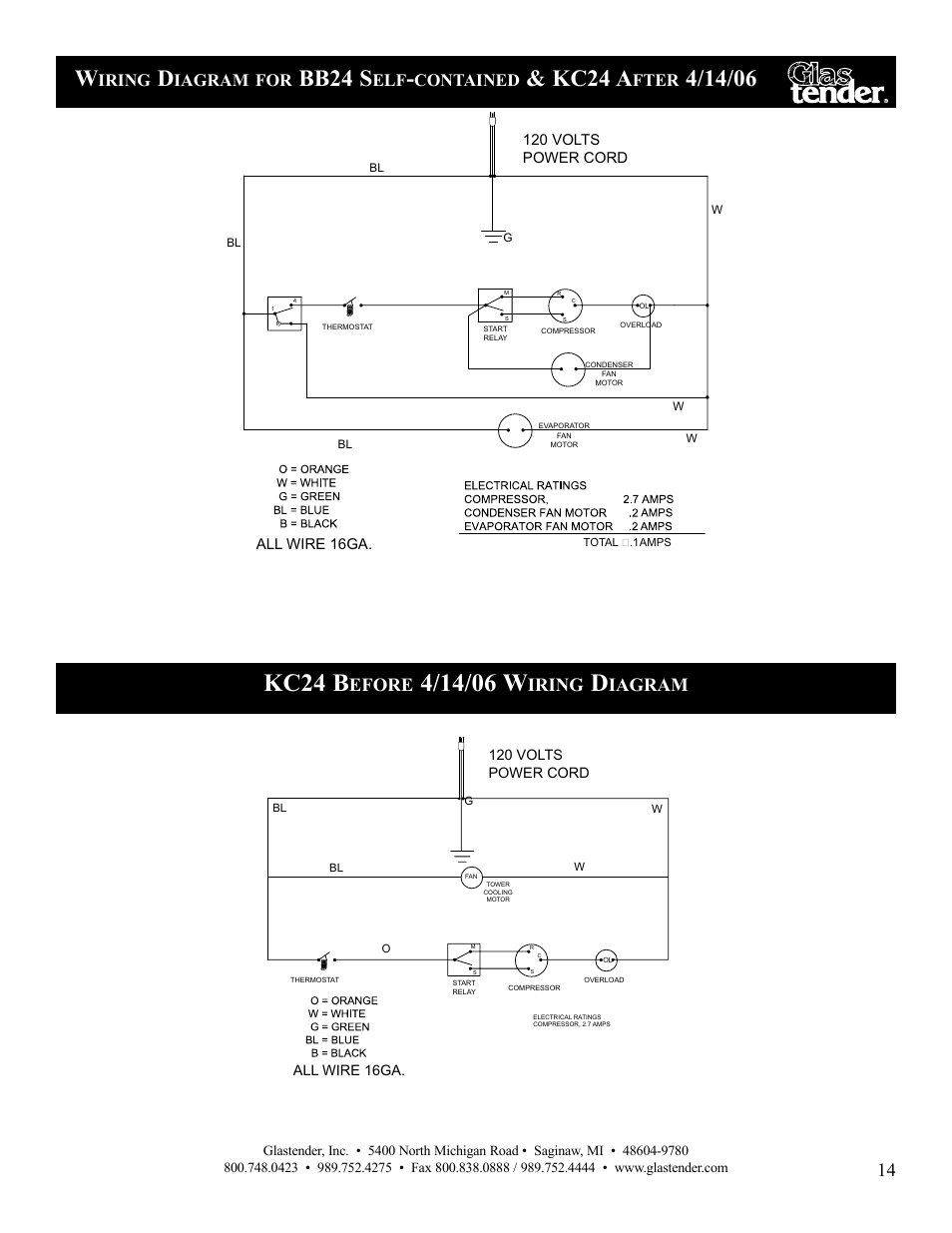 Kc24 b, Bb24 s, Kc24 a | Efore, Iring, Iagram, Contained, Fter, All wire 16ga, 120 volts power cord | Glastender Vertical Door Coolers User Manual | Page 15 / 36