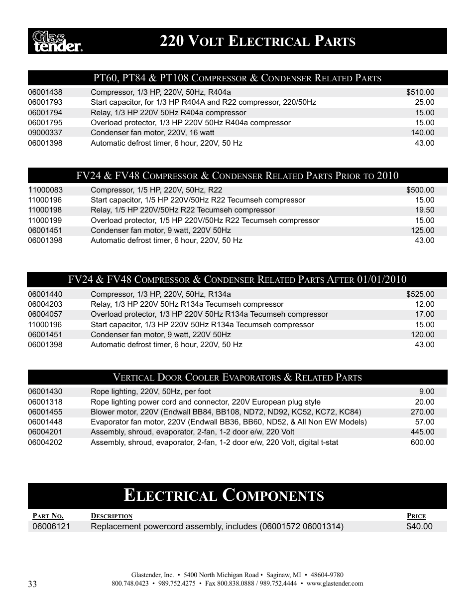 220 v, Omponents, Lectrical | Arts, Fv24 & fv48 c | Glastender Vertical Door Coolers User Manual | Page 34 / 36