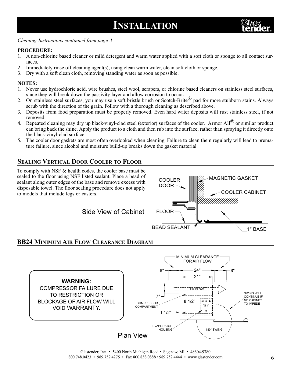 Nstallation, Side view of cabinet plan view, Bb24 m | Glastender Vertical Door Coolers User Manual | Page 7 / 36