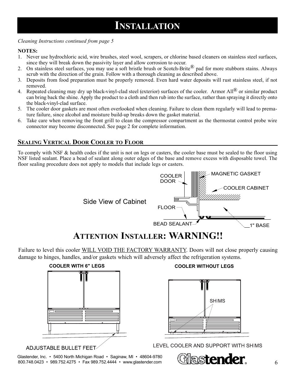 Warning, Nstallation, Ttention | Nstaller | Glastender MFV48 User Manual | Page 7 / 18