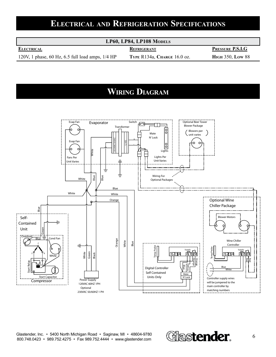 Lectrical, Efrigeration, Pecifications | Iring, Iagram, R134a, c, 0 oz. h, 350, l | Glastender LP108 User Manual | Page 7 / 13