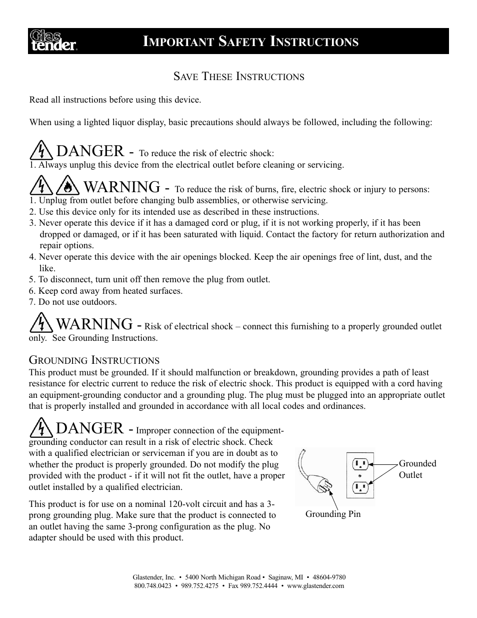 Danger, Warning | Glastender LLD3 User Manual | Page 2 / 5