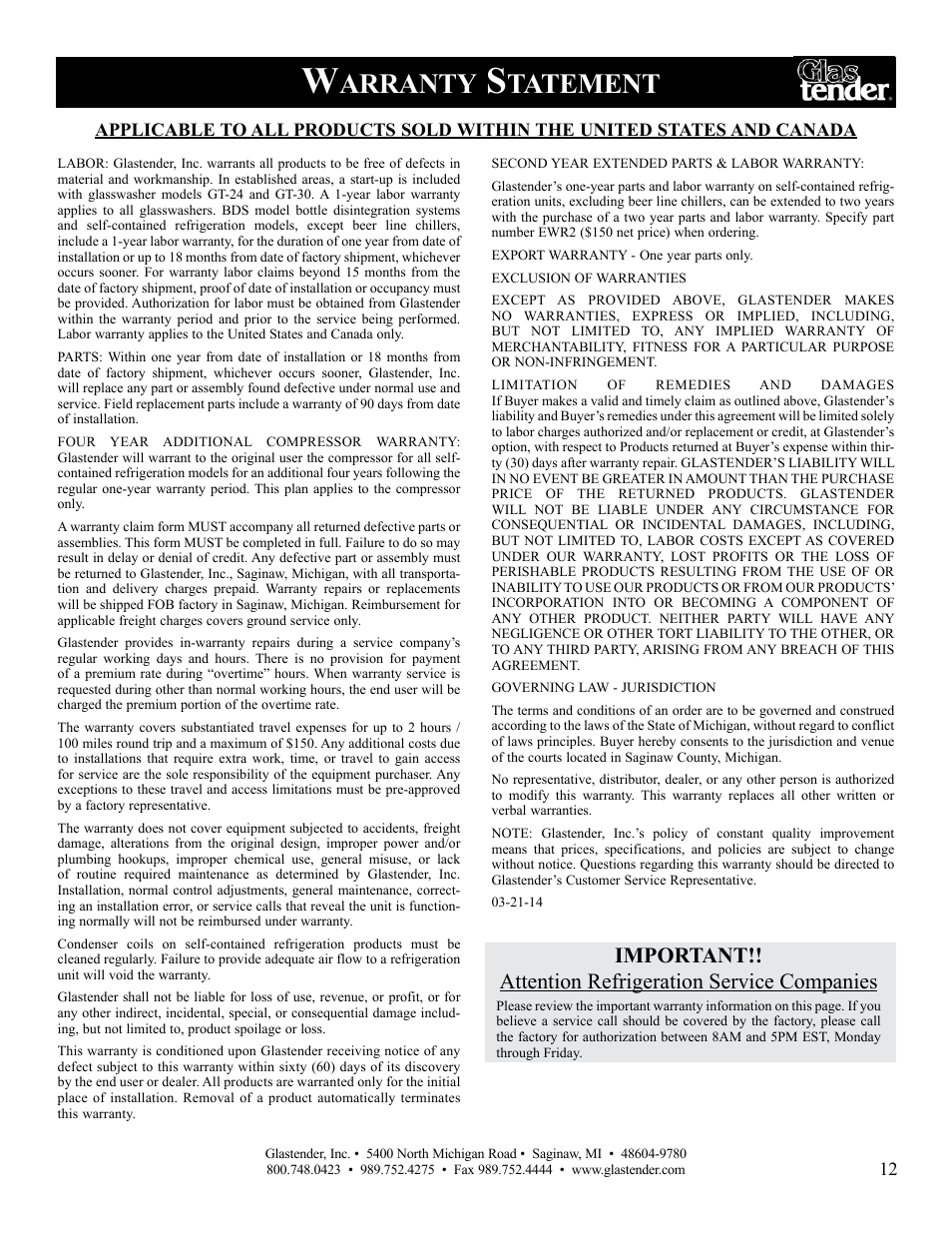 Arranty, Tatement | Glastender MFV24 Reach-In Mug Chillers User Manual | Page 15 / 16