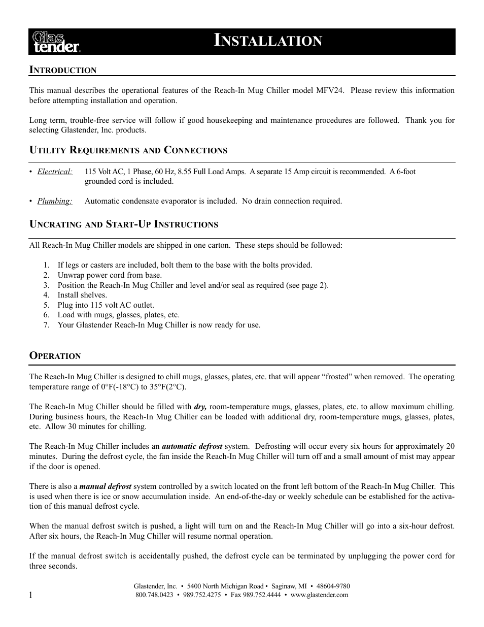 Nstallation | Glastender MFV24 Reach-In Mug Chillers User Manual | Page 4 / 16