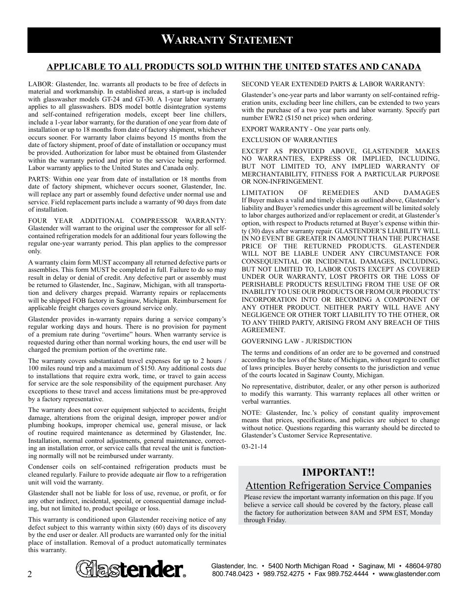 Arranty, Tatement | Glastender MF48 User Manual | Page 4 / 17