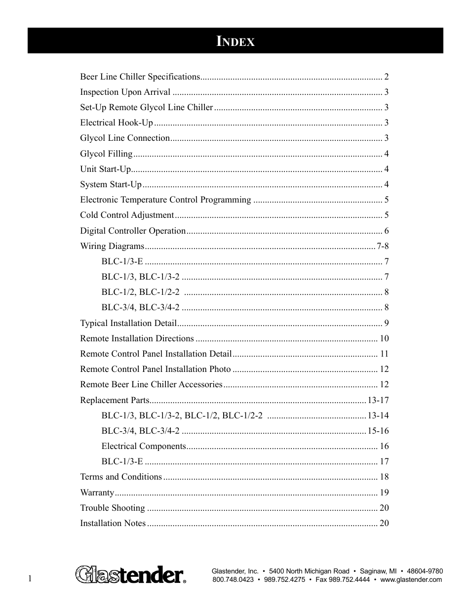 Ndex | Glastender BLC-3/4-2 User Manual | Page 2 / 21