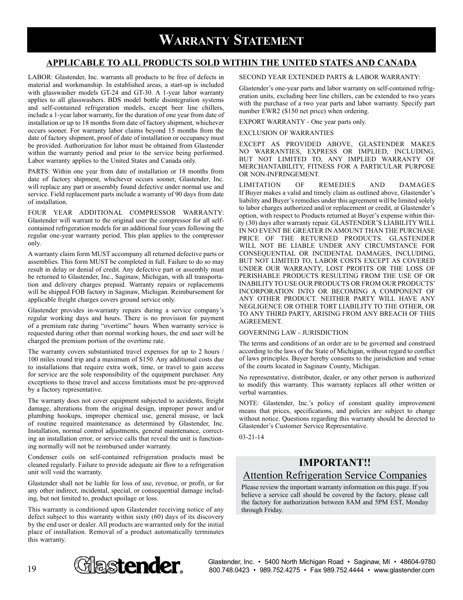Arranty, Tatement | Glastender BLC-3/4-2 User Manual | Page 20 / 21