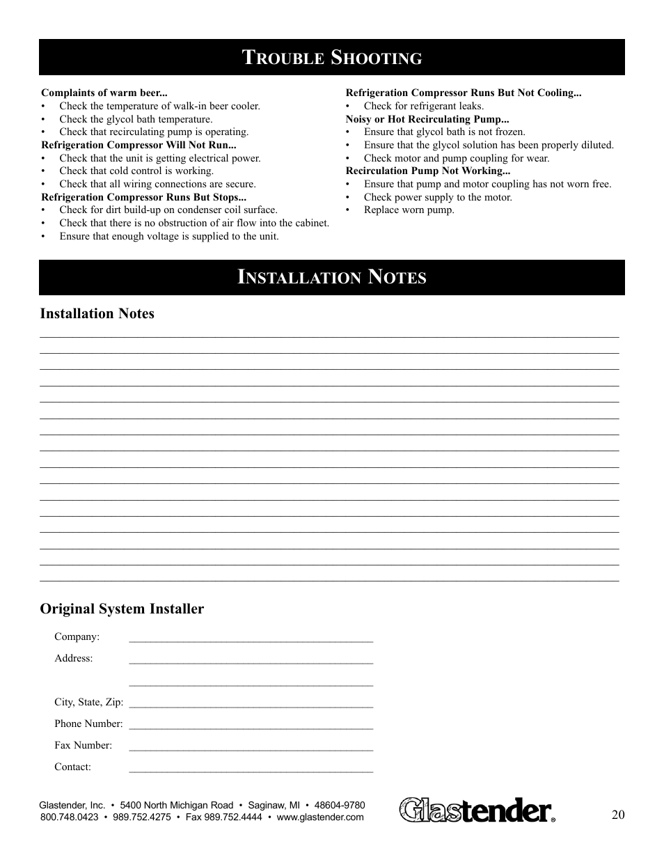 Rouble, Hooting, Nstallation | Otes, Original system installer | Glastender BLC-3/4-2 User Manual | Page 21 / 21