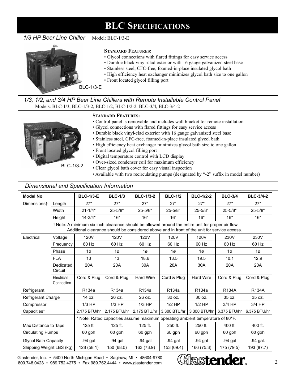 Blc s, Pecifications | Glastender BLC-3/4-2 User Manual | Page 3 / 21