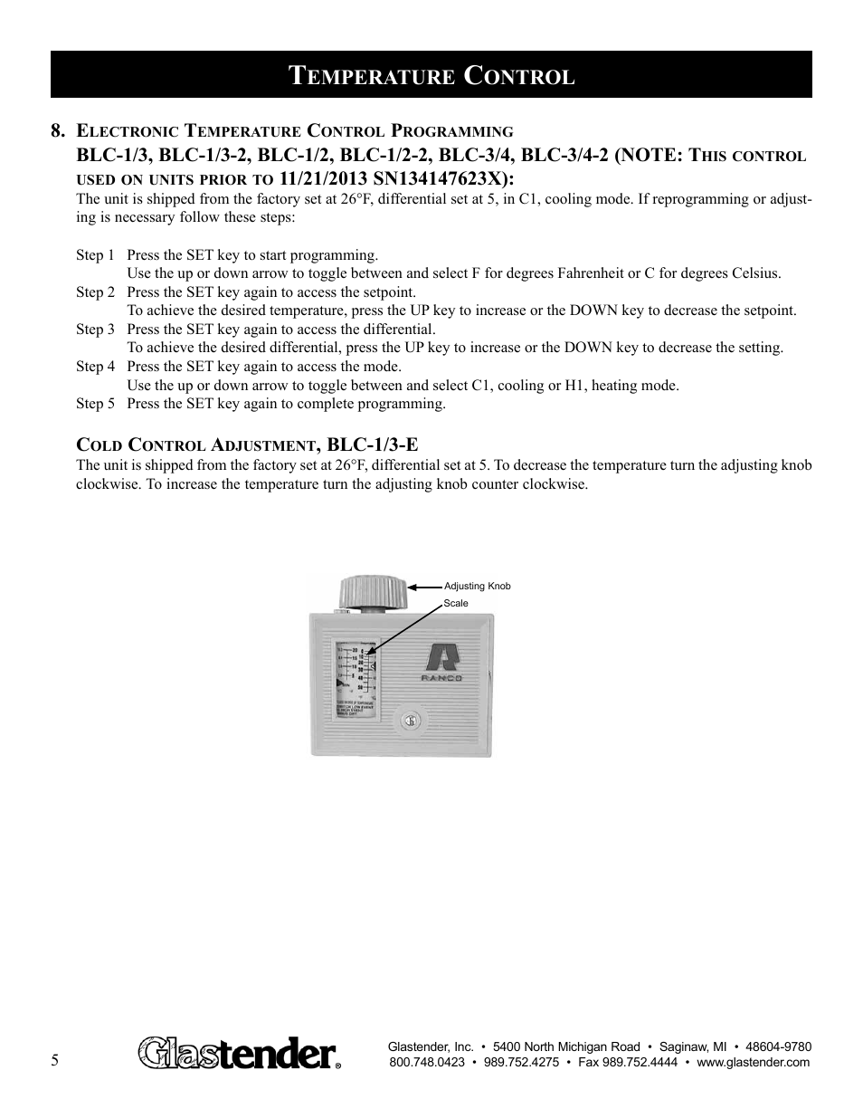 Emperature, Ontrol | Glastender BLC-3/4-2 User Manual | Page 6 / 21