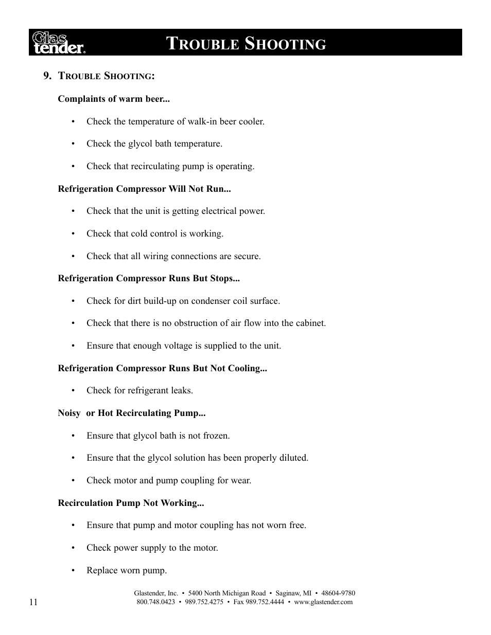 Rouble, Hooting | Glastender LC47 User Manual | Page 14 / 28