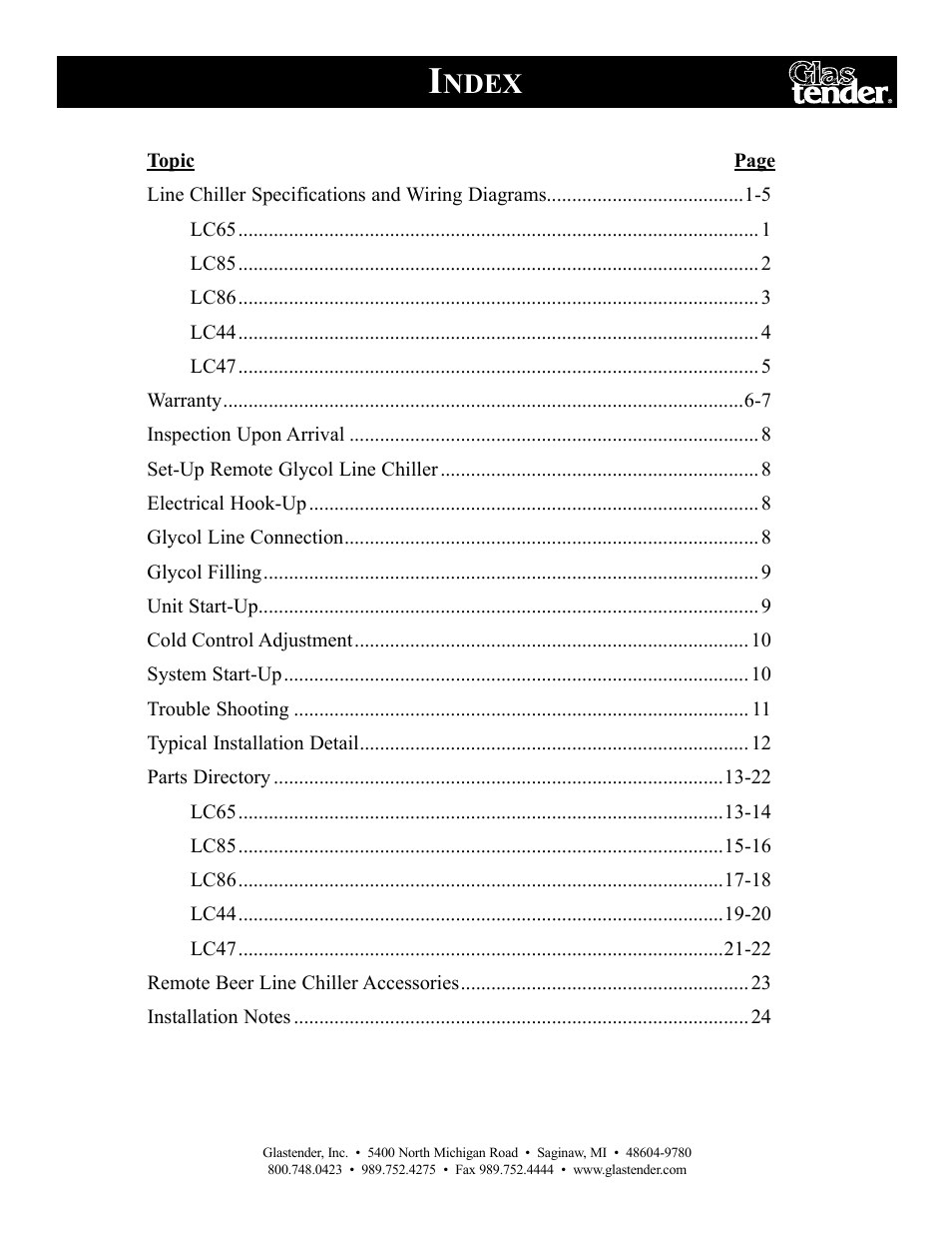 Ndex | Glastender LC47 User Manual | Page 3 / 28